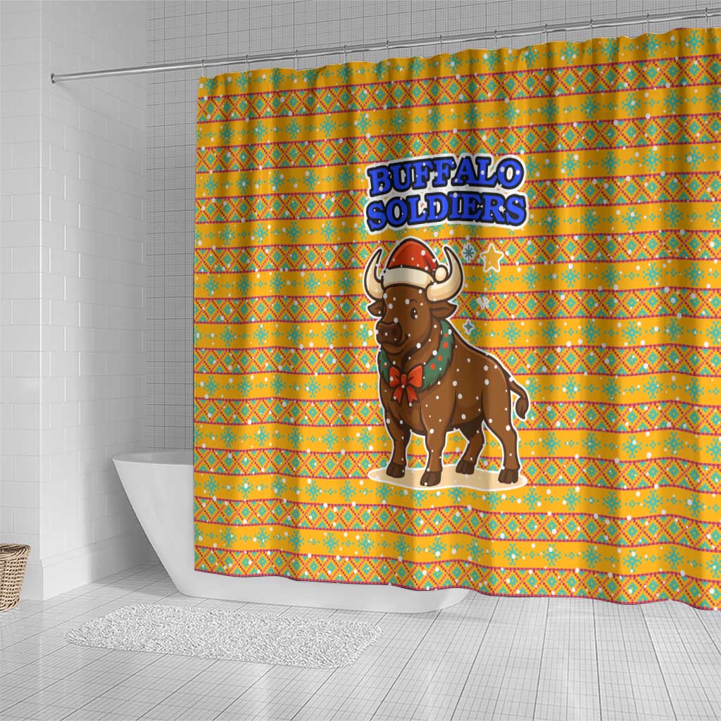 Buffalo Soldiers Christmas Shower Curtain Yellow Cartoon Buffalo Santa Hat Design - African Pride