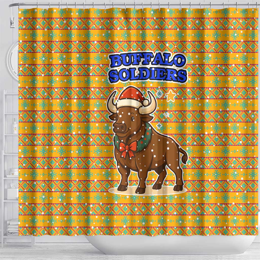 Buffalo Soldiers Christmas Shower Curtain Yellow Cartoon Buffalo Santa Hat Design - African Pride