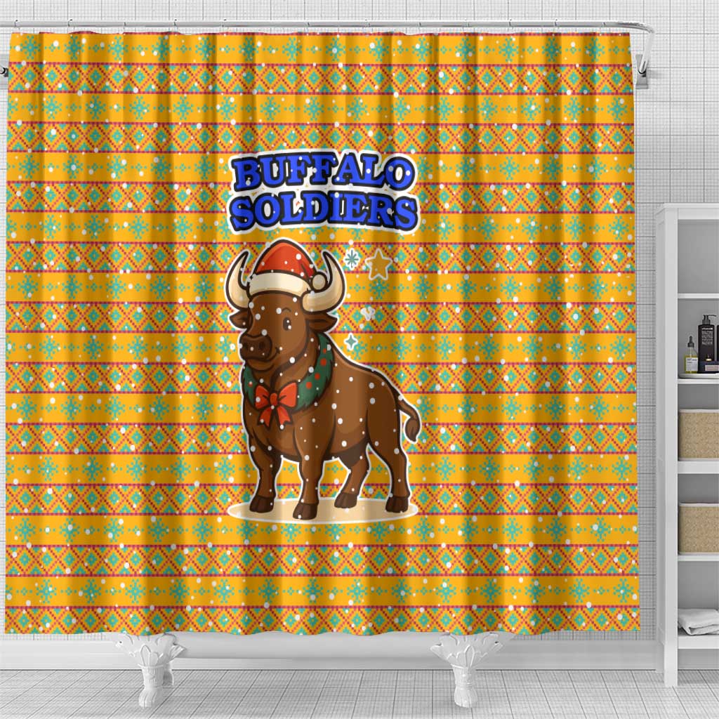 Buffalo Soldiers Christmas Shower Curtain Yellow Cartoon Buffalo Santa Hat Design - African Pride