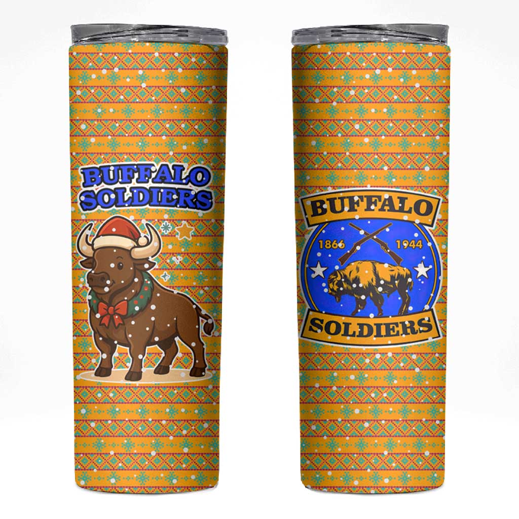 Buffalo Soldiers Christmas Skinny Tumbler Yellow Cartoon Buffalo Santa Hat Design - African Pride