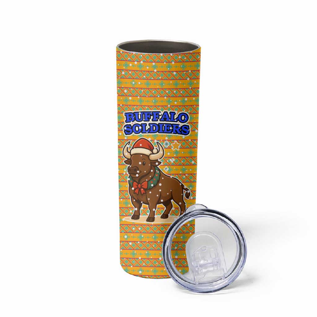 Buffalo Soldiers Christmas Skinny Tumbler Yellow Cartoon Buffalo Santa Hat Design - African Pride