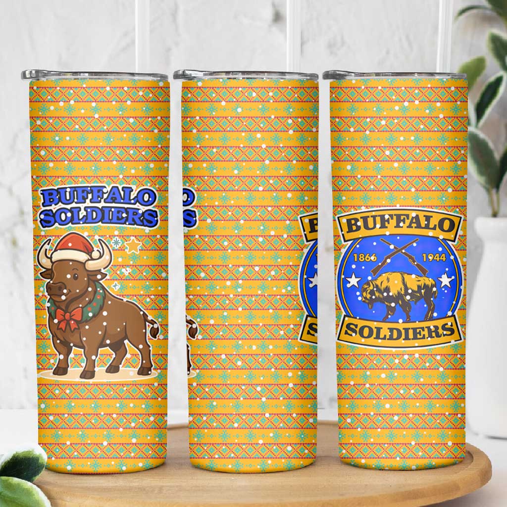 Buffalo Soldiers Christmas Skinny Tumbler Yellow Cartoon Buffalo Santa Hat Design - African Pride
