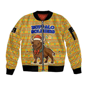 Buffalo Soldiers Christmas Sleeve Zip Bomber Jacket Yellow Cartoon Buffalo Santa Hat Design - African Pride