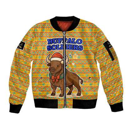 Buffalo Soldiers Christmas Sleeve Zip Bomber Jacket Yellow Cartoon Buffalo Santa Hat Design - African Pride