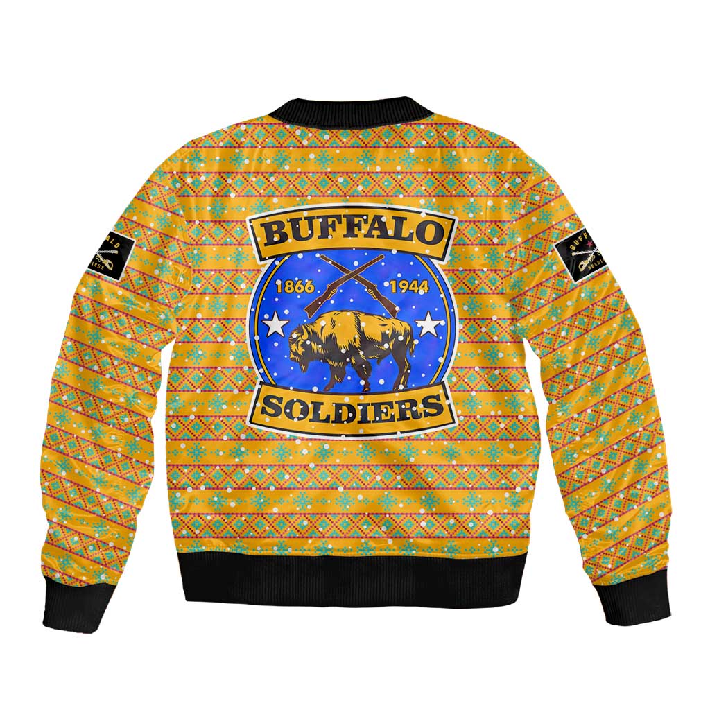 Buffalo Soldiers Christmas Sleeve Zip Bomber Jacket Yellow Cartoon Buffalo Santa Hat Design - African Pride
