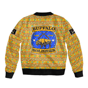 Buffalo Soldiers Christmas Sleeve Zip Bomber Jacket Yellow Cartoon Buffalo Santa Hat Design - African Pride