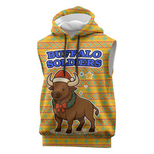 Buffalo Soldiers Christmas Sleeveless Hoodie Yellow Cartoon Buffalo Santa Hat Design - African Pride