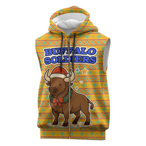 Buffalo Soldiers Christmas Sleeveless Zip Hoodie Yellow Cartoon Buffalo Santa Hat Design - African Pride