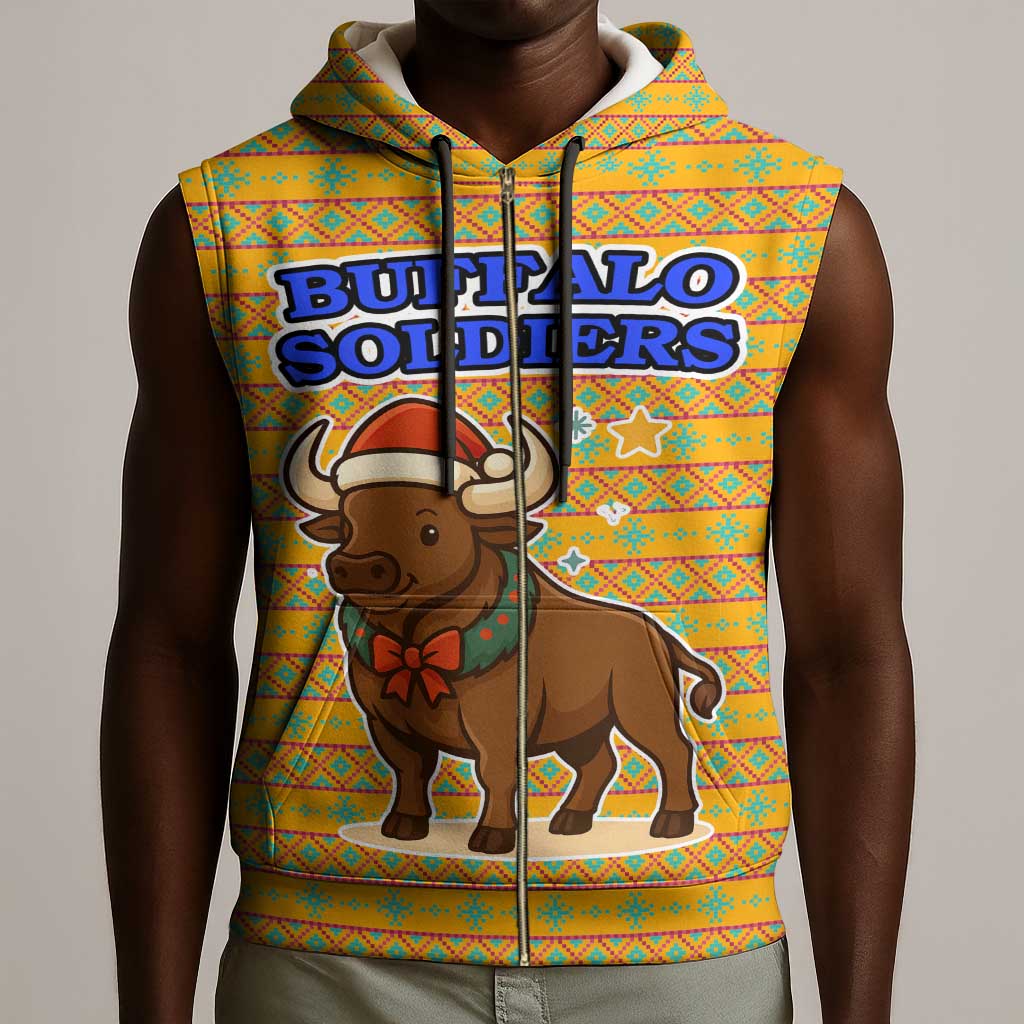 Buffalo Soldiers Christmas Sleeveless Zip Hoodie Yellow Cartoon Buffalo Santa Hat Design - African Pride