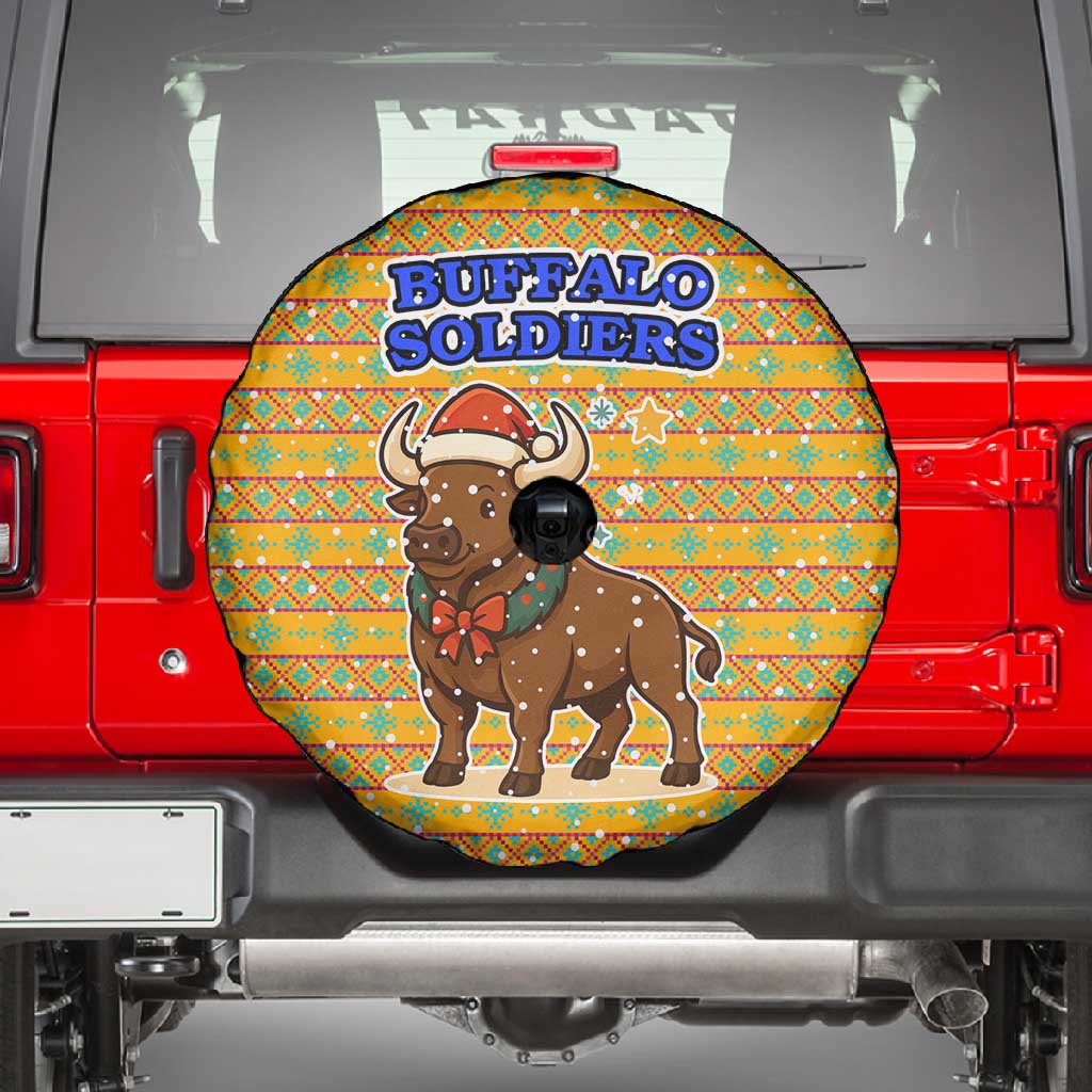 Buffalo Soldiers Christmas Spare Tire Cover Yellow Cartoon Buffalo Santa Hat Design - African Pride
