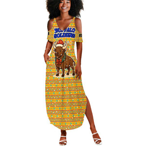 Buffalo Soldiers Christmas Summer Maxi Dress Yellow Cartoon Buffalo Santa Hat Design - African Pride