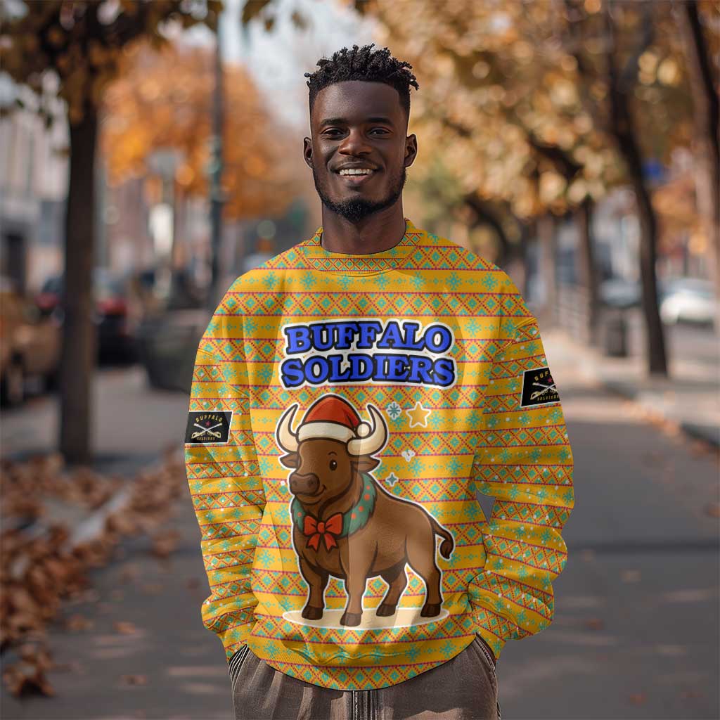 Buffalo Soldiers Christmas Sweatshirt Yellow Cartoon Buffalo Santa Hat Design - African Pride