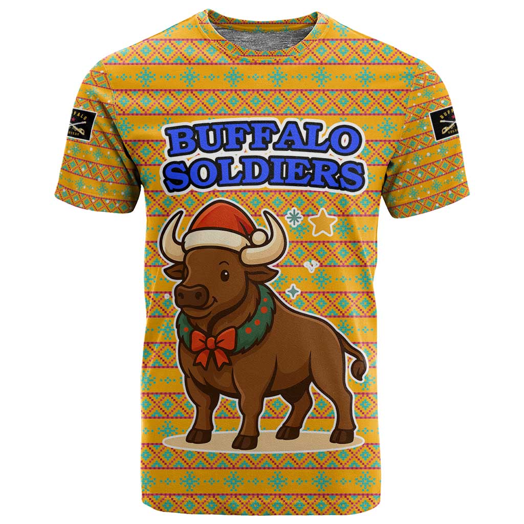 Buffalo Soldiers Christmas T shirt Yellow Cartoon Buffalo Santa Hat Design - African Pride