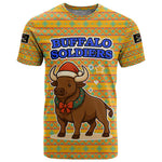 Buffalo Soldiers Christmas T shirt Yellow Cartoon Buffalo Santa Hat Design - African Pride