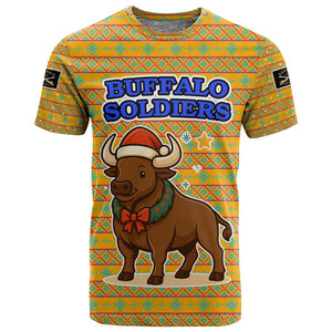Buffalo Soldiers Christmas T shirt Yellow Cartoon Buffalo Santa Hat Design - African Pride
