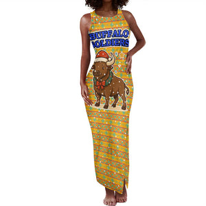 Buffalo Soldiers Christmas Tank Maxi Dress Yellow Cartoon Buffalo Santa Hat Design - African Pride