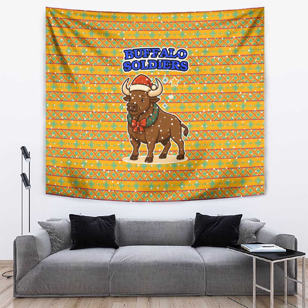Buffalo Soldiers Christmas Tapestry Yellow Cartoon Buffalo Santa Hat Design - African Pride
