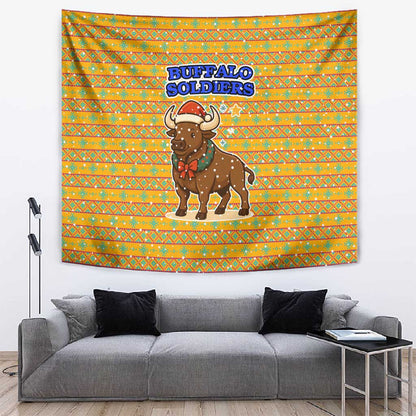 Buffalo Soldiers Christmas Tapestry Yellow Cartoon Buffalo Santa Hat Design - African Pride