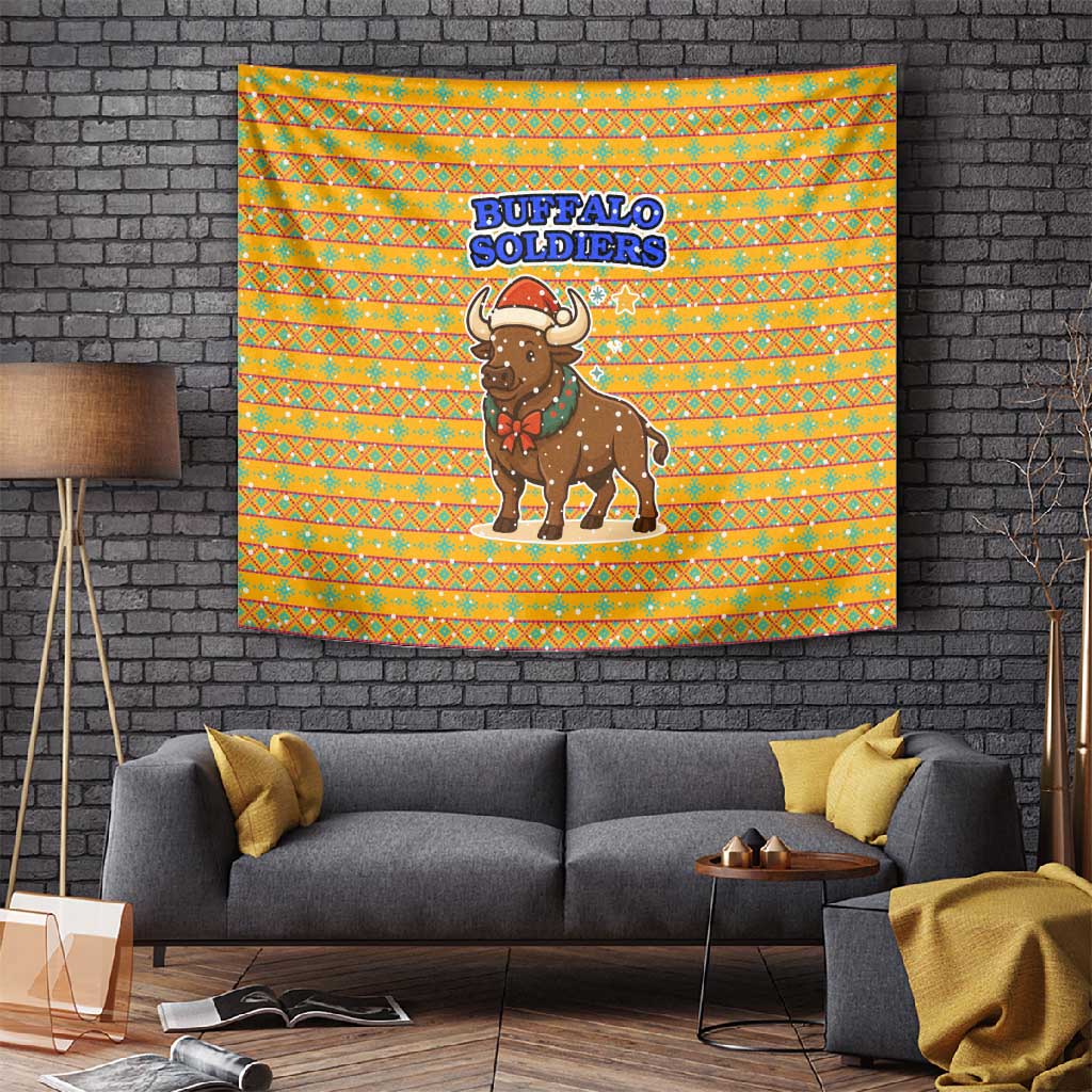 Buffalo Soldiers Christmas Tapestry Yellow Cartoon Buffalo Santa Hat Design - African Pride