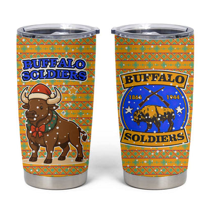 Buffalo Soldiers Christmas Tumbler Cup Yellow Cartoon Buffalo Santa Hat Design - African Pride