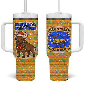 Buffalo Soldiers Christmas Tumbler With Handle Yellow Cartoon Buffalo Santa Hat Design - African Pride