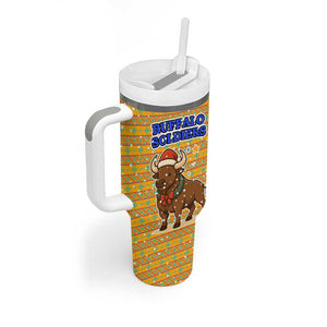 Buffalo Soldiers Christmas Tumbler With Handle Yellow Cartoon Buffalo Santa Hat Design - African Pride