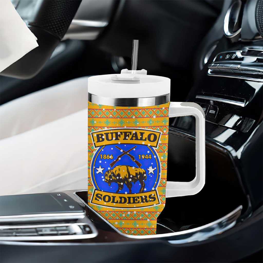 Buffalo Soldiers Christmas Tumbler With Handle Yellow Cartoon Buffalo Santa Hat Design - African Pride