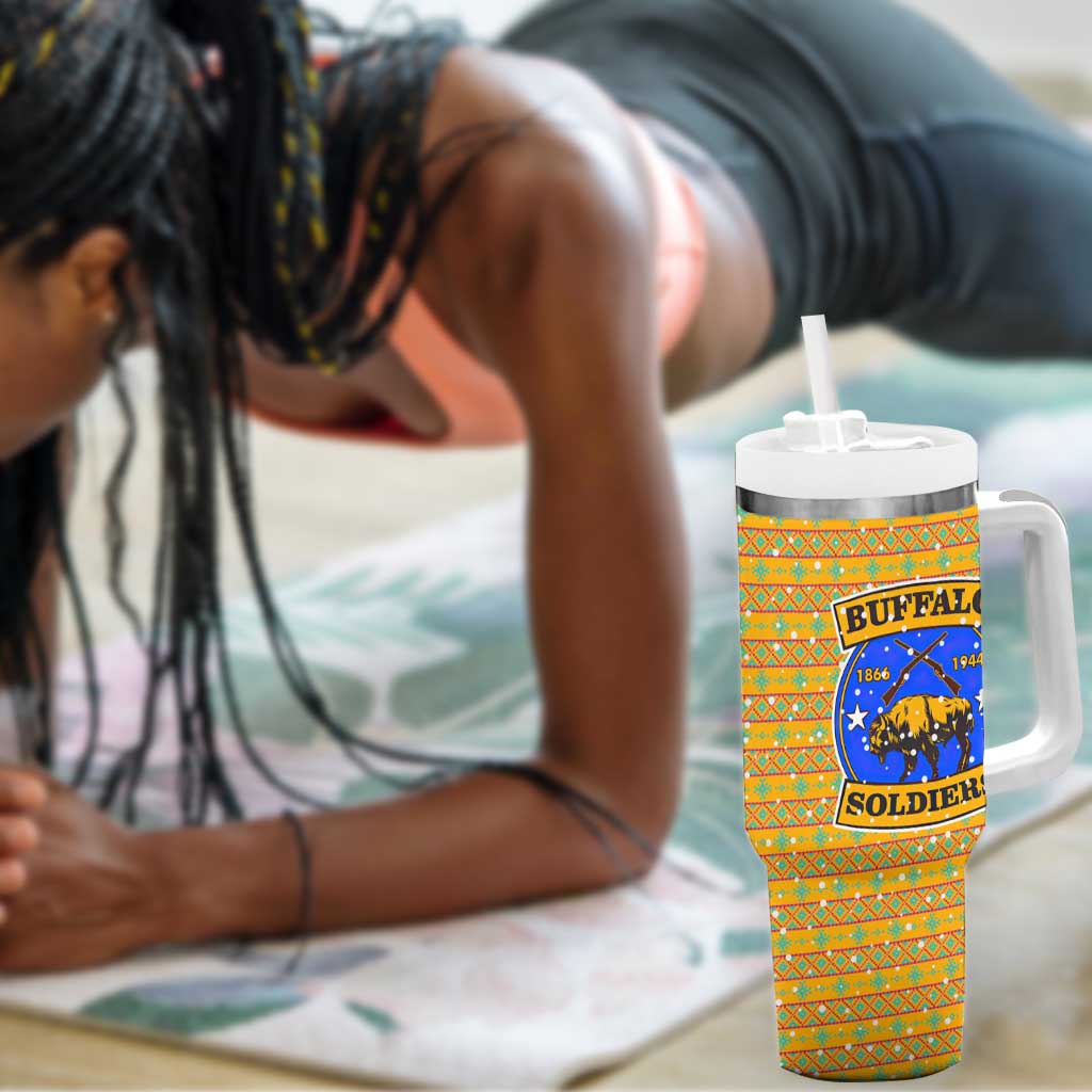 Buffalo Soldiers Christmas Tumbler With Handle Yellow Cartoon Buffalo Santa Hat Design - African Pride