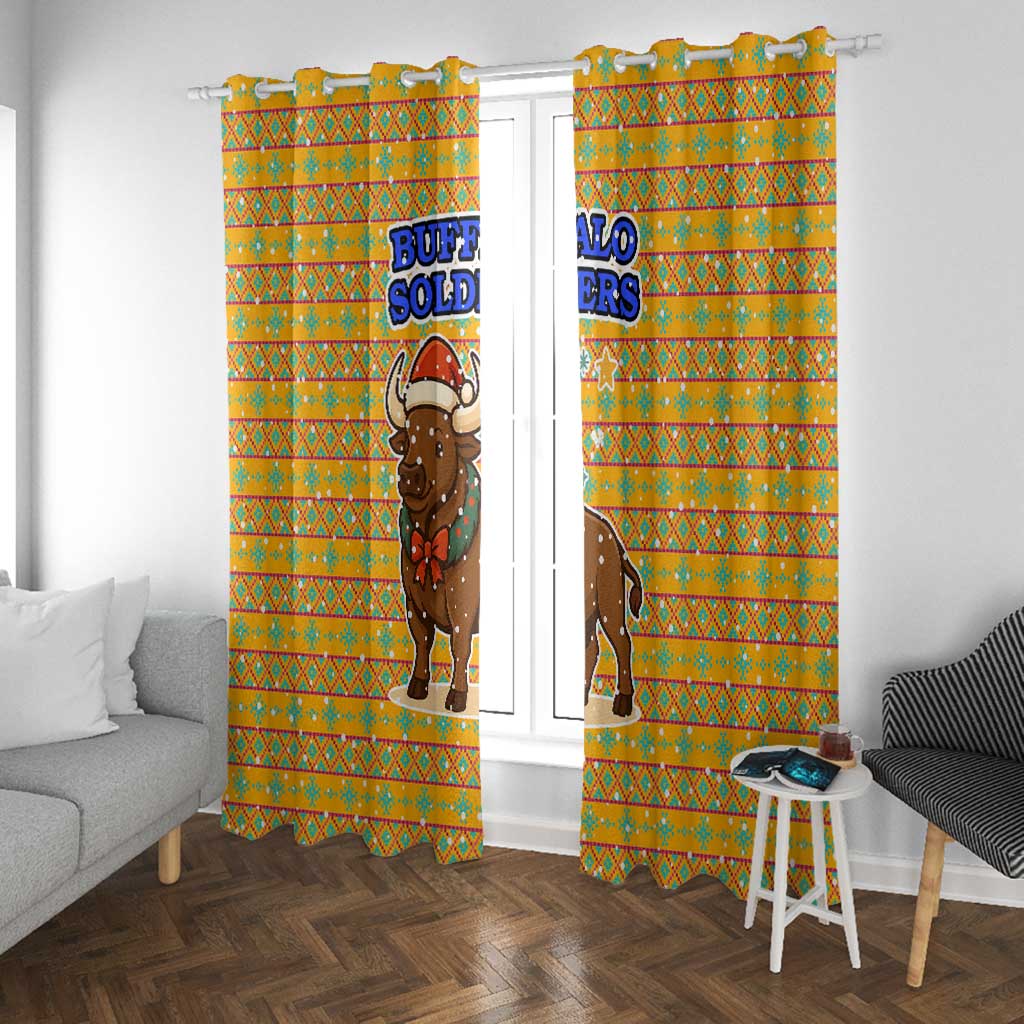 Buffalo Soldiers Christmas Window Curtain Yellow Cartoon Buffalo Santa Hat Design - African Pride