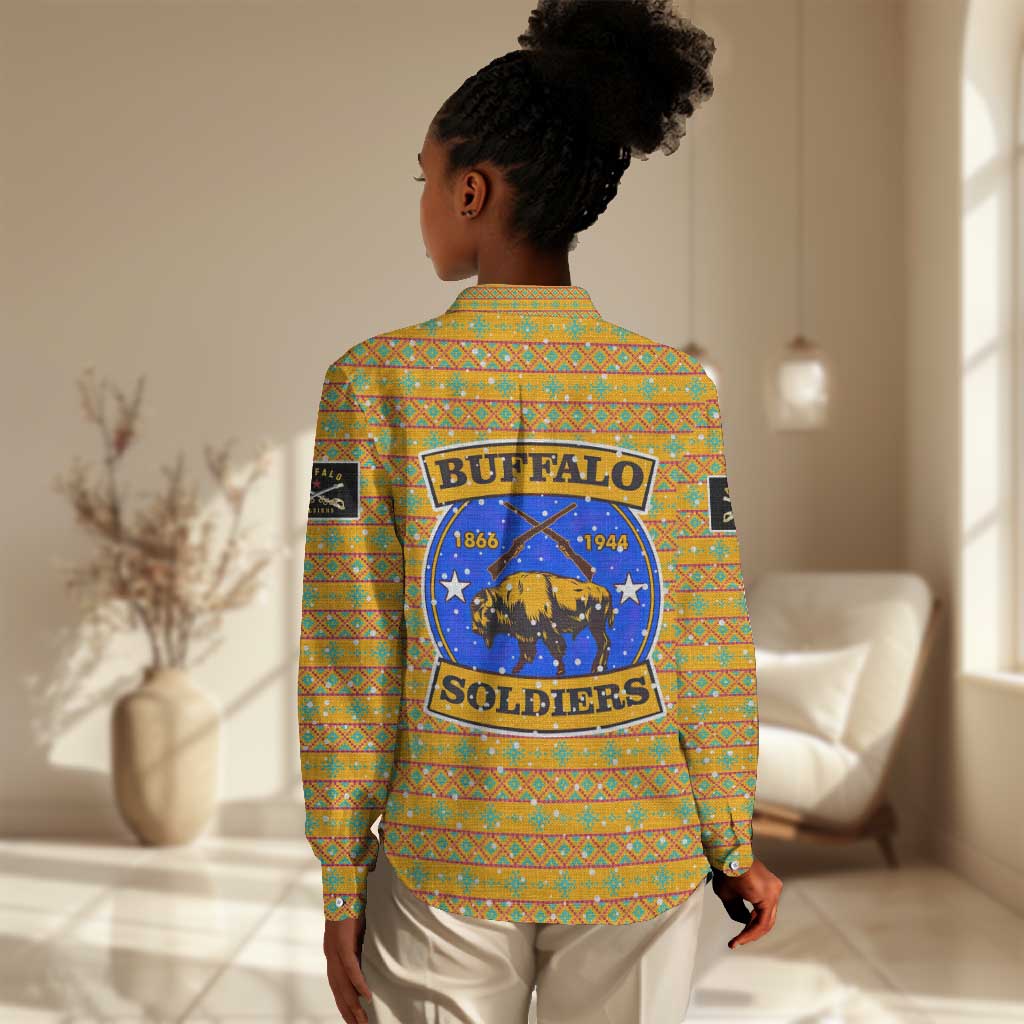 Buffalo Soldiers Christmas Women Casual Shirt Yellow Cartoon Buffalo Santa Hat Design - African Pride