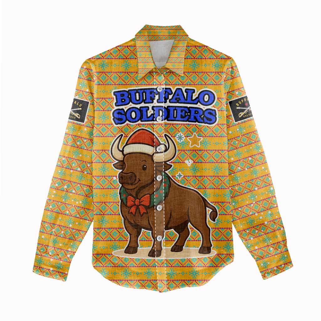 Buffalo Soldiers Christmas Women Casual Shirt Yellow Cartoon Buffalo Santa Hat Design - African Pride