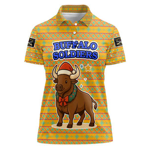 Buffalo Soldiers Christmas Women Polo Shirt Yellow Cartoon Buffalo Santa Hat Design - African Pride
