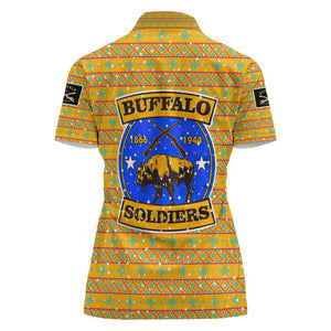 Buffalo Soldiers Christmas Women Polo Shirt Yellow Cartoon Buffalo Santa Hat Design - African Pride
