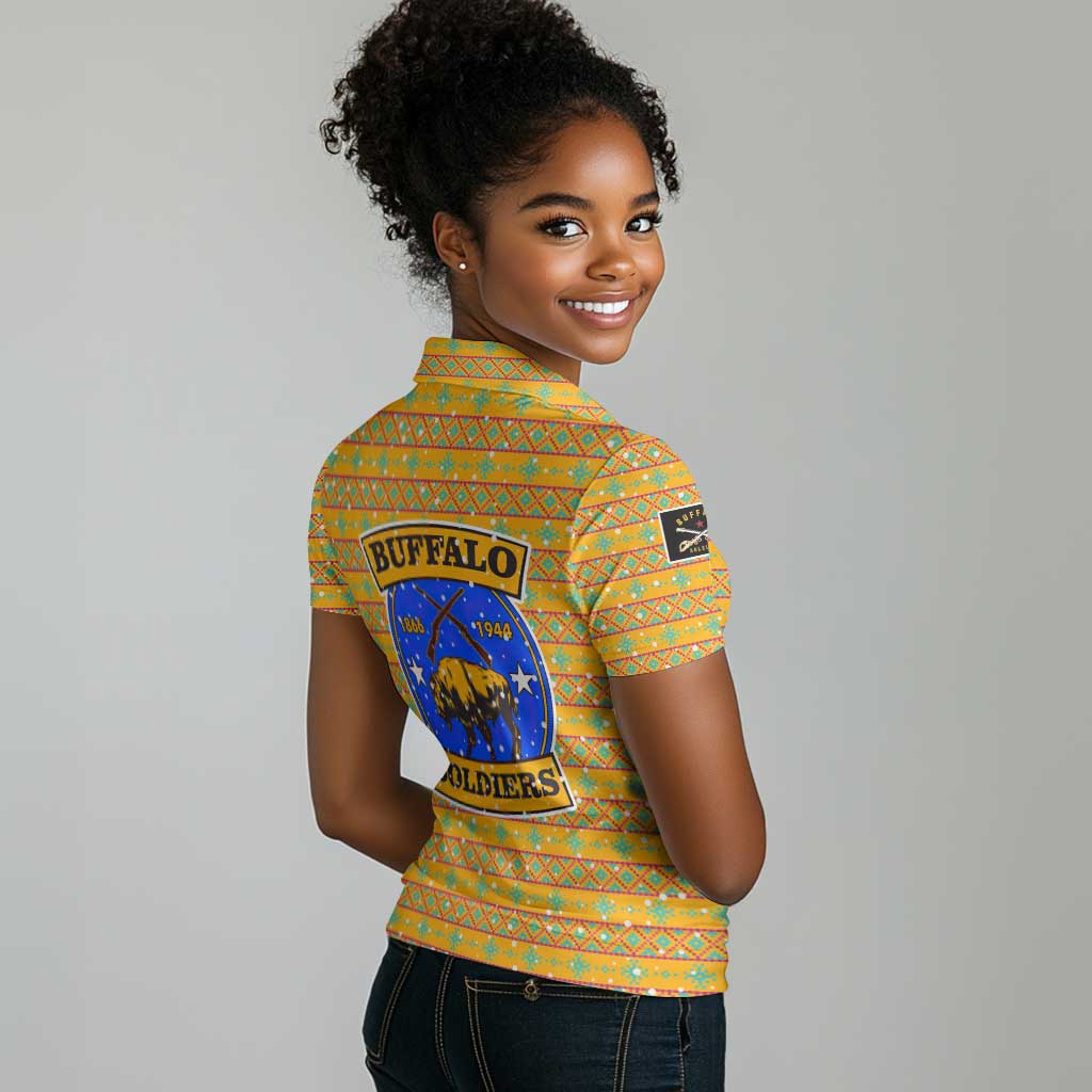Buffalo Soldiers Christmas Women Polo Shirt Yellow Cartoon Buffalo Santa Hat Design - African Pride