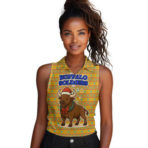 Buffalo Soldiers Christmas Women Sleeveless Polo Shirt Yellow Cartoon Buffalo Santa Hat Design - African Pride