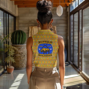 Buffalo Soldiers Christmas Women Sleeveless Polo Shirt Yellow Cartoon Buffalo Santa Hat Design - African Pride
