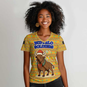 Buffalo Soldiers Christmas Women V-Neck T-Shirt Yellow Cartoon Buffalo Santa Hat Design - African Pride
