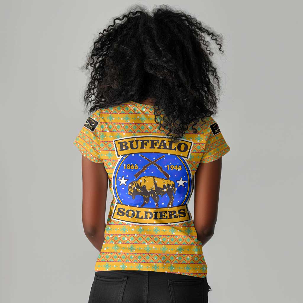 Buffalo Soldiers Christmas Women V-Neck T-Shirt Yellow Cartoon Buffalo Santa Hat Design - African Pride