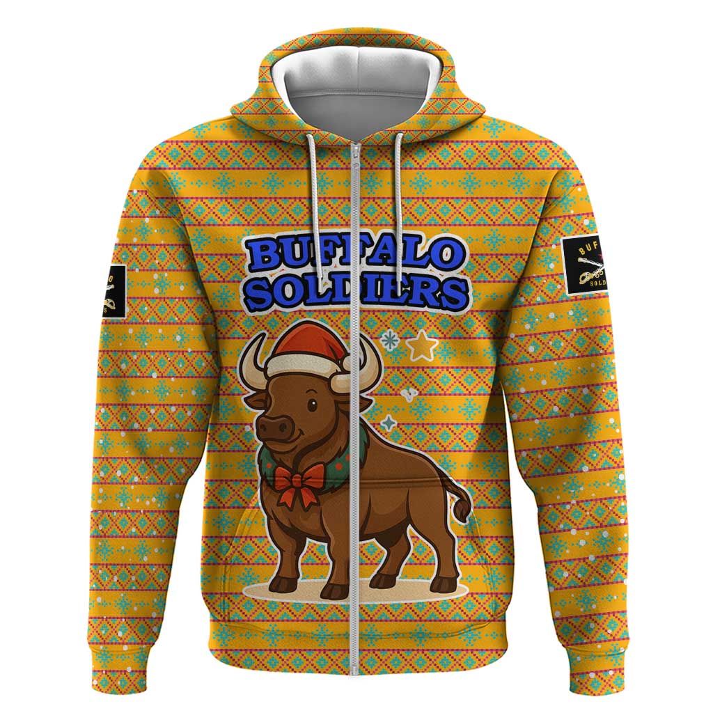 Buffalo Soldiers Christmas Zip Hoodie Yellow Cartoon Buffalo Santa Hat Design - African Pride