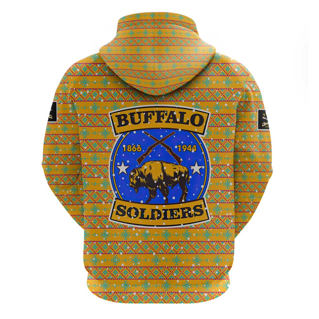 Buffalo Soldiers Christmas Zip Hoodie Yellow Cartoon Buffalo Santa Hat Design - African Pride