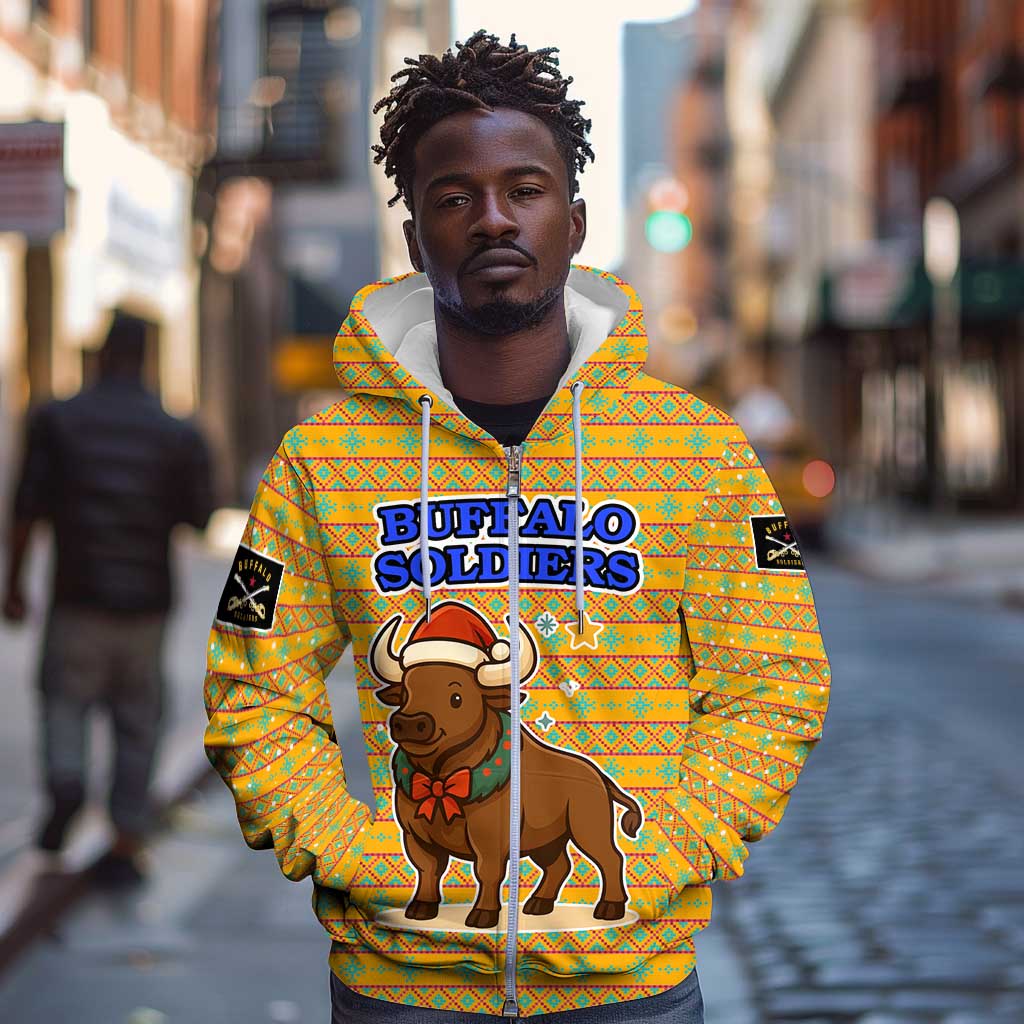 Buffalo Soldiers Christmas Zip Hoodie Yellow Cartoon Buffalo Santa Hat Design - African Pride