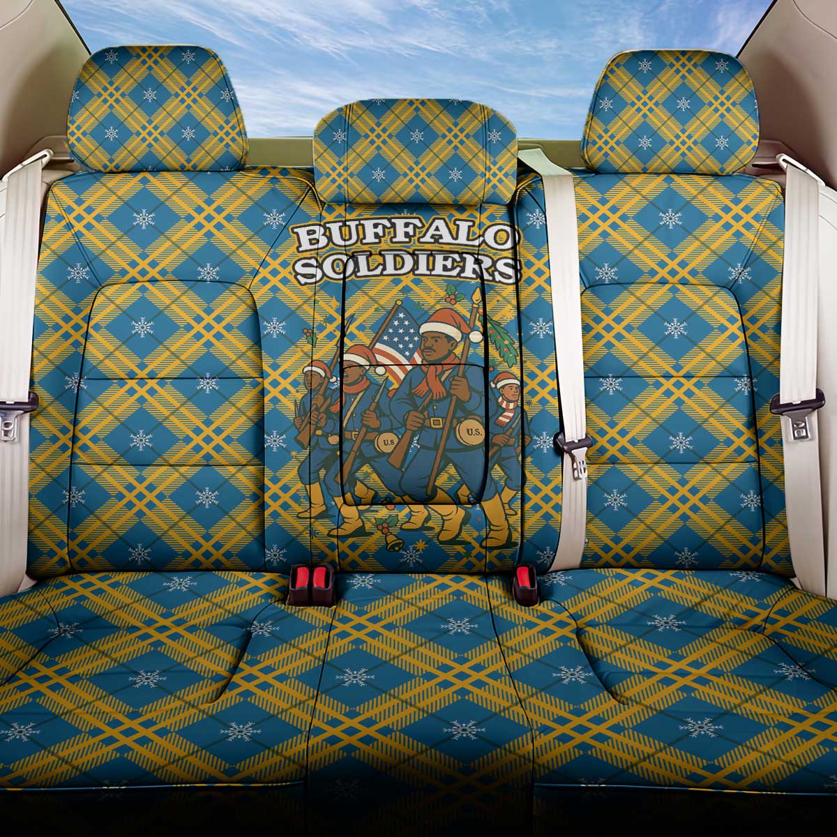 Buffalo Soldiers Christmas Back Car Seat Cover Blue Yellow Plaid Parade Illustration Design - African Pride