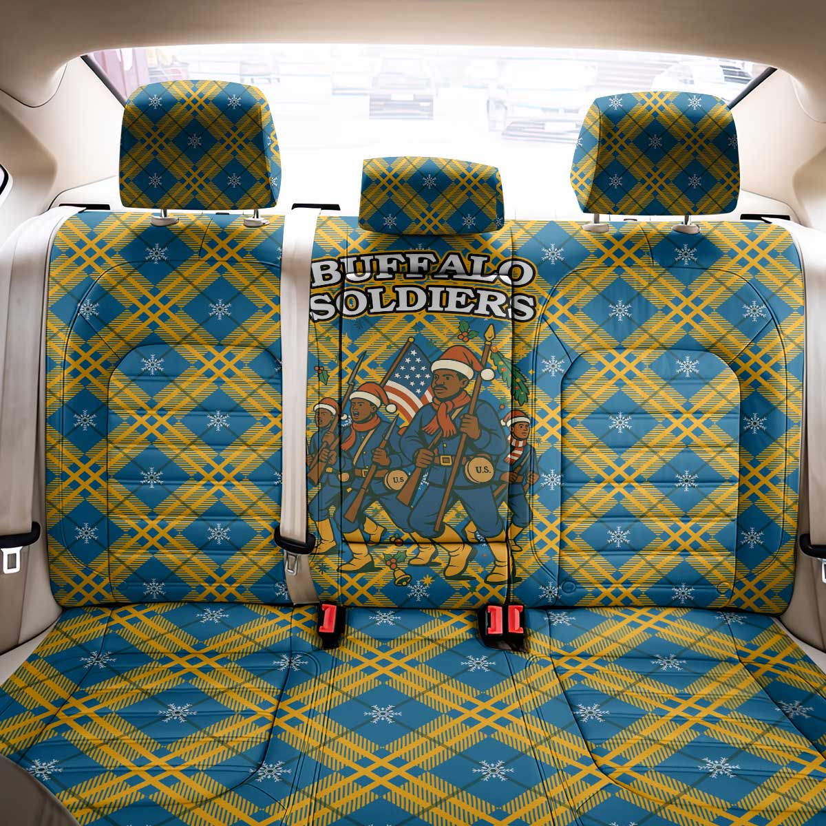 Buffalo Soldiers Christmas Back Car Seat Cover Blue Yellow Plaid Parade Illustration Design - African Pride