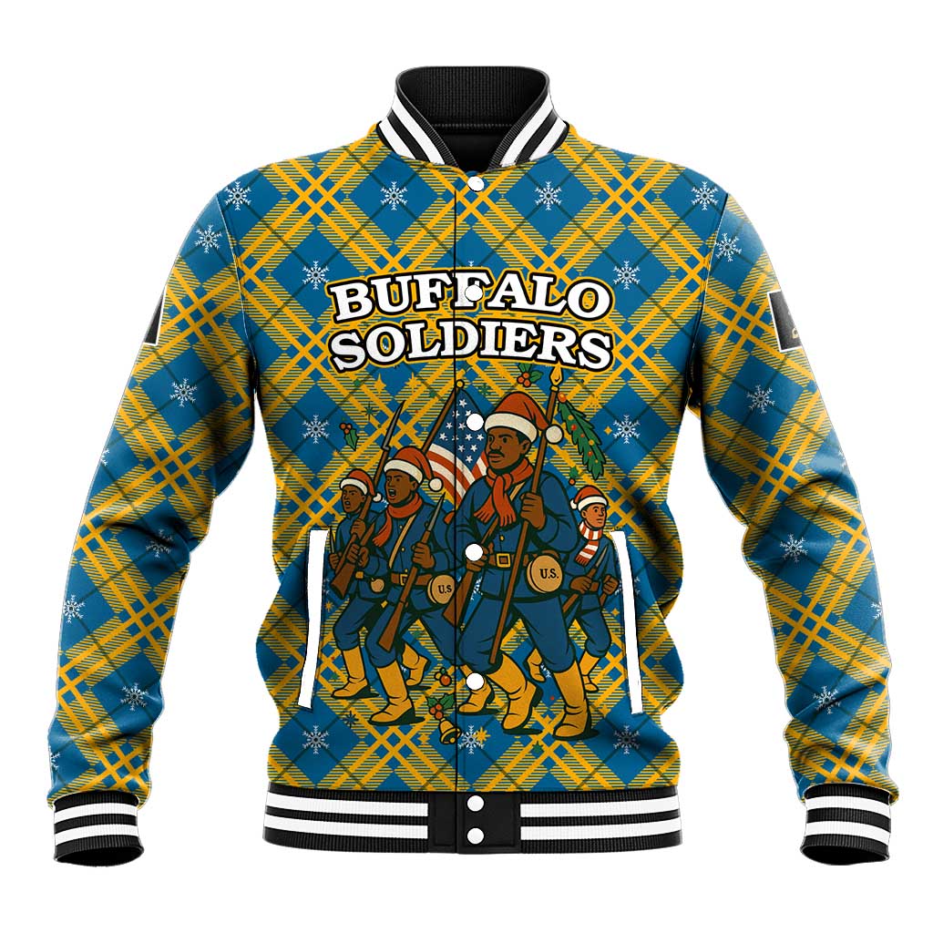 Buffalo Soldiers Christmas Baseball Jacket Blue Yellow Plaid Parade Illustration Design - African Pride