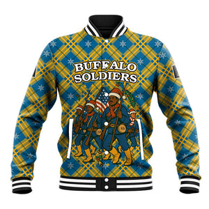 Buffalo Soldiers Christmas Baseball Jacket Blue Yellow Plaid Parade Illustration Design - African Pride