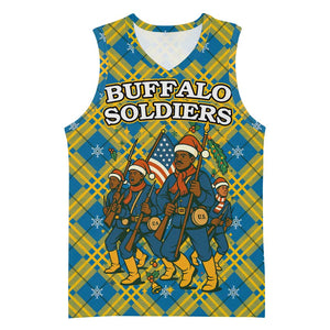 Buffalo Soldiers Christmas Basketball Jersey Blue Yellow Plaid Parade Illustration Design - African Pride