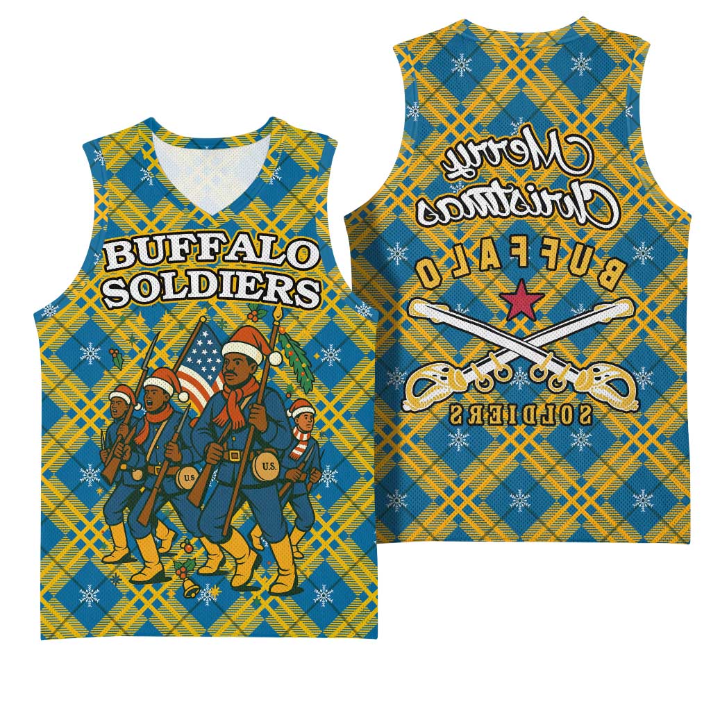 Buffalo Soldiers Christmas Basketball Jersey Blue Yellow Plaid Parade Illustration Design - African Pride