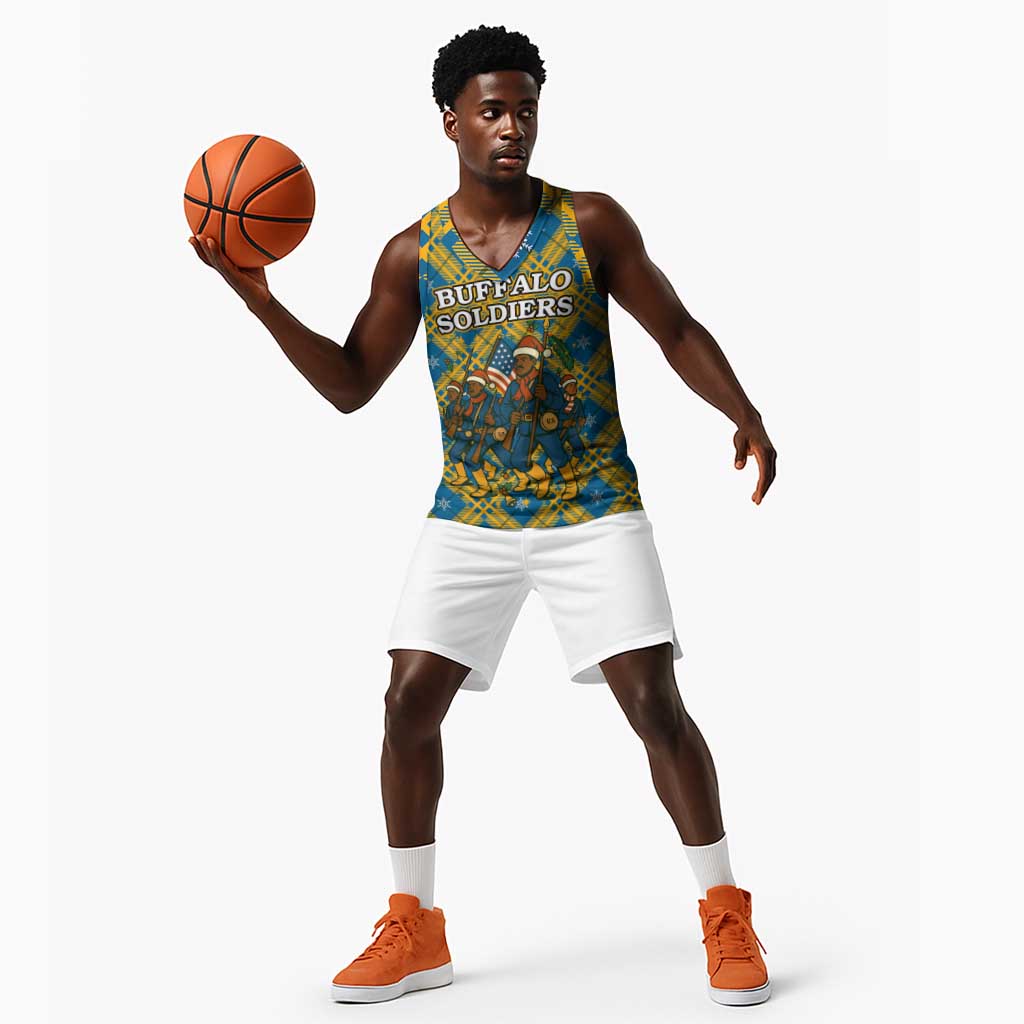 Buffalo Soldiers Christmas Basketball Jersey Blue Yellow Plaid Parade Illustration Design - African Pride