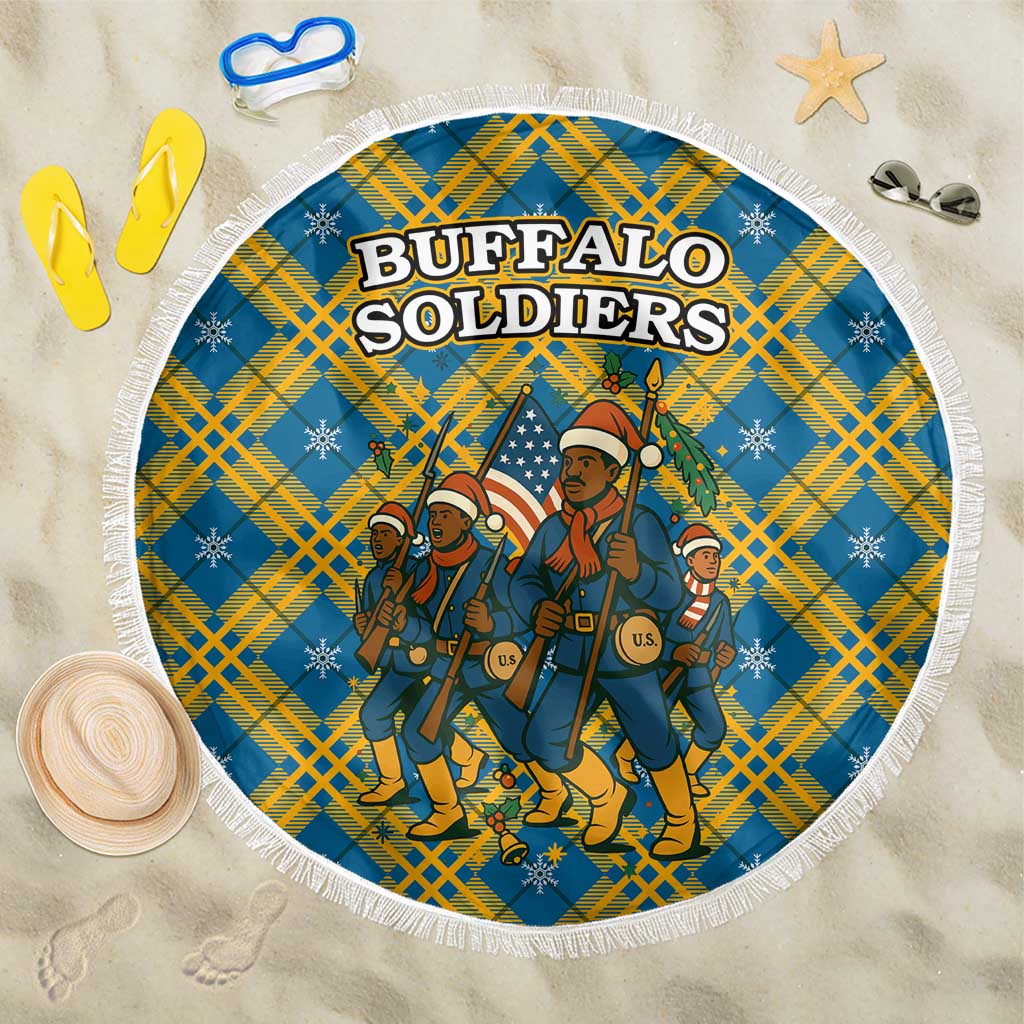 Buffalo Soldiers Christmas Beach Blanket Blue Yellow Plaid Parade Illustration Design - African Pride