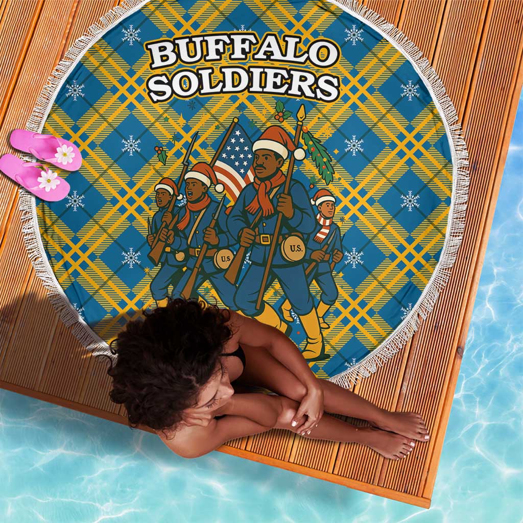 Buffalo Soldiers Christmas Beach Blanket Blue Yellow Plaid Parade Illustration Design - African Pride